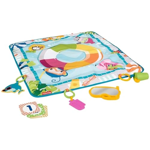 Fisher-Price Manta de actividades para bebé decorado como piscina. Incluye mordedor, espejito snorkel, sonajero limonada y tiburón que cruje (Mattel GRR44)