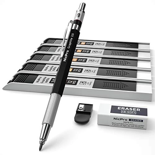 Tijdelijke aanbieding: Nicpro 2,0 mm mechanische potloodset, metalen potloodhouder, metalen markeerstiften, timmermanspotloden met 60 grafiet loodvulling HB, 2H, 4H, 2B, 4B, gum, puntenslijper voor ontwerp tekenen van 10.99 € naar 10.99 € (0.00% korting)