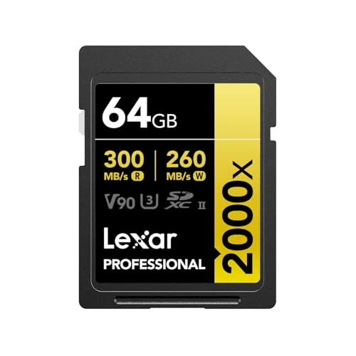 Limited-time offer: Lexar Professional 2000x SD Card 64GB, SDXC UHS-II Memory Card, Up to 300MB/s Read, 260MB/s Write, Class 10, U3, V90 SDXC Card for DSLR, Full-HD Cinema-Quality 8K Video Cameras (LSD2000064G-BNNAG) from 147.99 £ to 147.99 £ (save 0.00%)