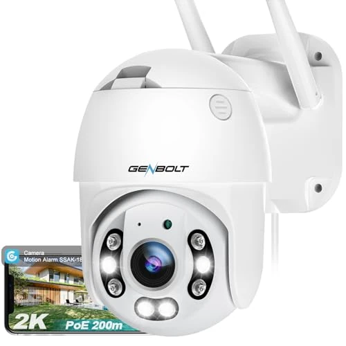 GENBOLT 2.5K WiFi Caméra de Surveillance Extérieure, 2.4&5GHz PoE CCTV Camera IP avec Détection Humaine Vision Nocturne Couleur Pan Tilt Suivi Automatique Maison Sécurité [DC&POE]