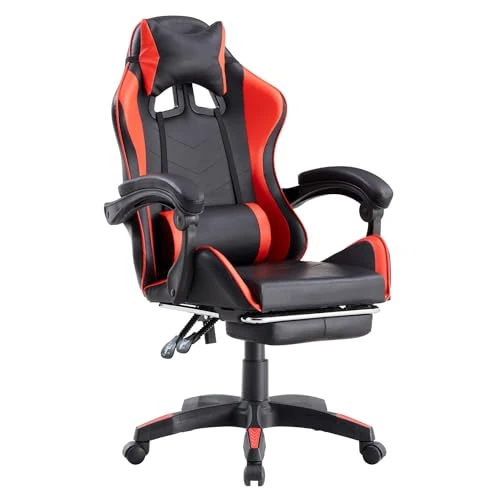 Brigros – Silla de Gaming Racing ergonómica con reposabrazos reclinable, sillón de oficina giratorio, con ruedas, reposapiés, reposacabezas y cojín lumbar, piel sintética, capacidad de carga: 125 kg (rojo)