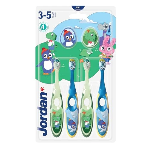 Tijdelijke aanbieding: Jordan ® Step 2 Kindertandenborstel, tandenborstel voor kinderen van 3 tot 5 jaar, zachte borstelharen, ergonomische en BPA-vrije dubbele handgreep, kleur blauw en groen, verpakking van 4 stuks van 9.90 € naar 9.90 € (0.00% korting)