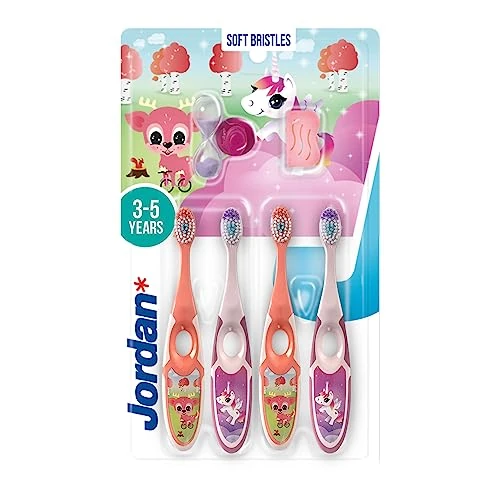 Offerta a tempo: Jordan* ® | Step 2 Spazzolino da denti Bambini | Spazzolino per bambini di età 3-5 anni | Setole morbide, doppio manico ergonomico e senza BPA | Colore Rosa & Giallo | Confezione 4 unità - 27% da 12.90 € a 9.40 €