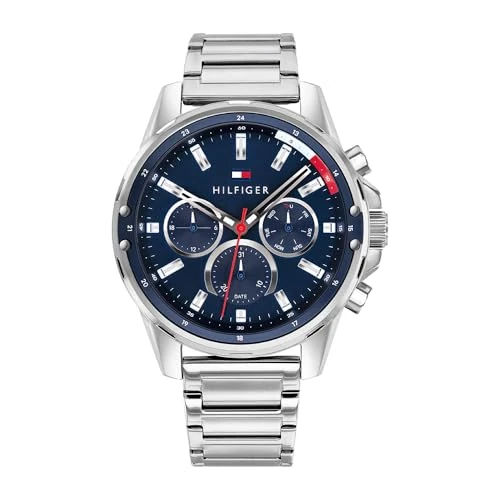 Tommy Hilfiger 1791788 Męski Wielofunkcyjny Zegarek Kwarcowy z Bransoletką Stalową, 45 mm, Srebrny