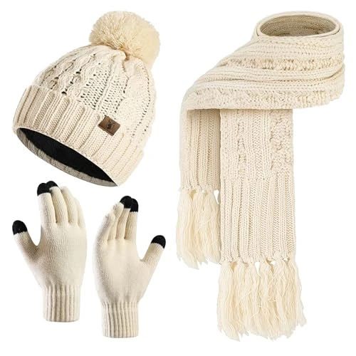 INSISMY Hat Scarf Gloves Set Women's Beanie Hat Long Scarf and Thermal Touch Screen Gloves Set 3 PCS Soft Warm Winter Knitted Pom Cap Set for Ladies Women Beige