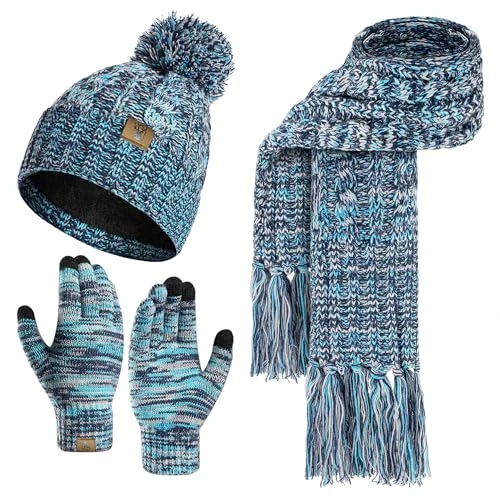 Limited-time offer: INSISMY Hat Scarf Gloves Set Women's Beanie Hat Long Scarf and Thermal Touch Screen Gloves Set 3 PCS Soft Warm Winter Melange Knitted Pom Cap Set for Ladies Lake Blue from 29.99 GBP to 29.99 GBP (save 0%)