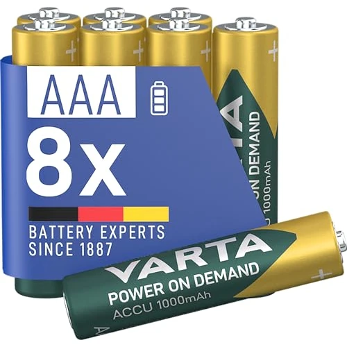 VARTA Pilas AAA, recargables, paquete de 8, batería recargable, Power on Demand, 1000 mAh Ni-Mh, precargadas, listas para usar