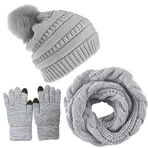 CheChury Gebreide muts wintermuts sjaal set beanie gebreide fleece pompon touchscreen handschoenen set wintersjaal combi set loop grof gebreide sjaal dames geschenk winteraccessoires, grijs, Eén maat