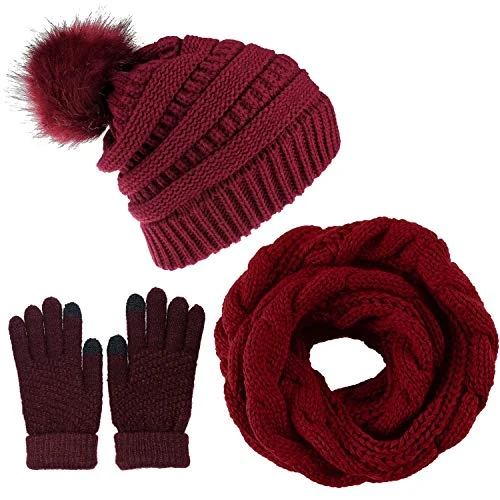 CheChury Gorro Bufanda de punto Guantes Mujer Moda Invierno Set de Bufanda y Gorro de Pompón Suave y Cálida Caliente Guantes de Pantalla Táctil Regalo de para Mujer,Vino tinto,talla única