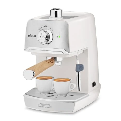 Ufesa CE7238 Machine à Café Expresso et Cappuccino, Buse Vapeur, 20 Bars, 2 Modes: Café Moulu ou à Dose Unique, Réservoir d'1.2L, Plateau Réchauffe-Tasses, 850W, Cream