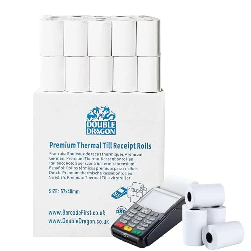 Zeitlich begrenztes Angebot: Double Dragon, 57 x 40 mm Premium Thermopapier Kassenrollen für PDQ Kreditkartenmaschine, POS, EPOS, Kassensystem [Packung mit 20] von 11.66 € auf 11.66 € (0.00% Rabatt)