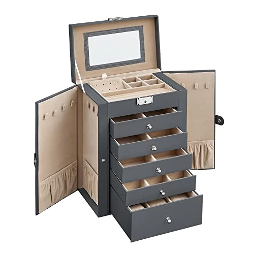 SONGMICS Jewellery Box 6 Tiers, Jewellery Case with 5 Drawers, Large Storage Capacity, with Mirror, Lockable, Jewellery Storage Organiser, Gift for Loved Ones, for Watches, Grey JBC152G01