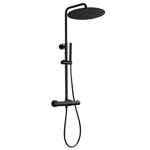 Offerta a tempo: Görbach Colonna Doccia con Rubinetto Termostato, Asta Doccia Regolabile in Acciaio Inox 304, Set Doccia a Pioggia con Miscelatore, Doccetta e Soffione Doccia D30cm, Nero Opaco - 47% da 189.99 € a 101.27 €