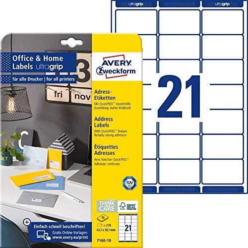 Offre limitée : AVERY Zweckform 7160-10 étiquettes d'adresse (210 étiquettes 63,5 x 38,1 mm sur format A4, étiquettes de retour imprimables, étiquettes d'adresse, autocollantes, avec ultra agrippantes, idéales pour de 14.26 € à 14.26 € (0.00% de remise)