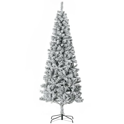 HOMCOM 210cm Árbol de Navidad de Pino Artificial Efecto Nieve con Ramas 631, Base Plegable Desmontable Decoraciones de Navidad