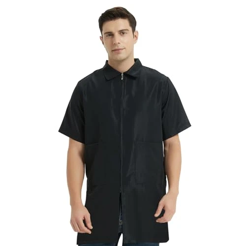 TOPTIE Barber Jacket Short-Sleeves Machine Washable Men's Coat Black Work Shirt-Black-M