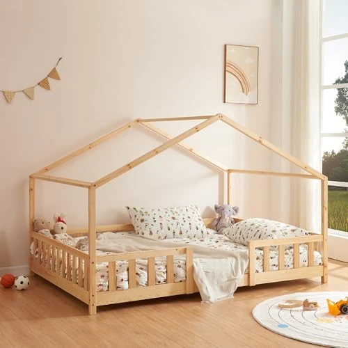 Limited-time offer: [en.casa] Children's bed Treviolo house bed 90 x 200 cm wooden bed for children with fall-out protection bed frame with slatted frame pine wood wood colours from 198.99 GBP to 198.99 GBP (save 0%)