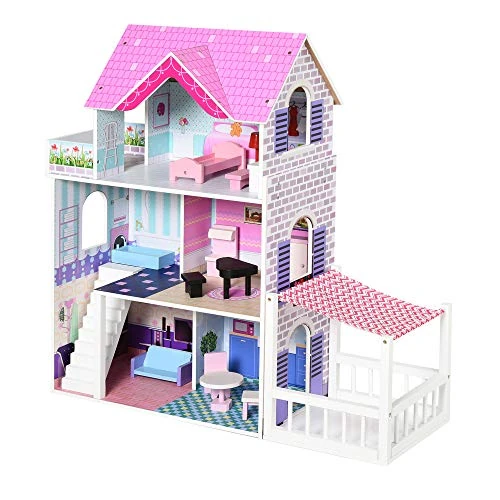 Offerta a tempo: HOMCOM Casa delle Bambole in Legno, Casetta delle Bambole per Bambini a 3 Piani con 13 Accessori, Giocattolo per Bambini 3+ Anni - 19% da 77.95 € a 63.31 €