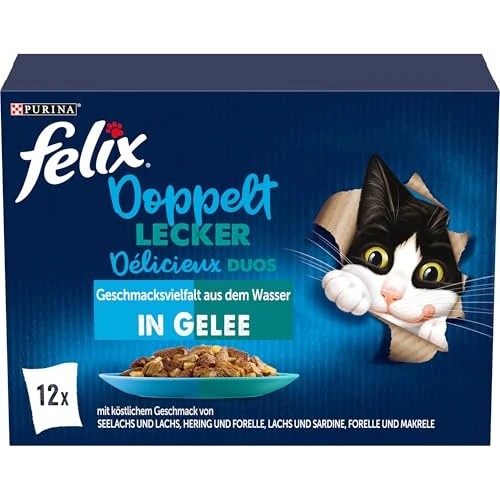 FELIX Ottimo come appare, doppio cibo per gatti bagnato in gelatina, mix di varietà di pesce, confezione da 6 (6 x 12 sacchetti da 85 g)