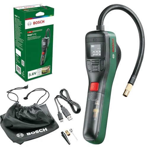 Bosch Inflador/Minibomba de aire eléctrica EasyPump (batería de 3,0 Ah, 3,6 V, función Autostop, 150 PSI, 10,3 bares, LED, recargable mediante cable USB-C, en caja de cartón)