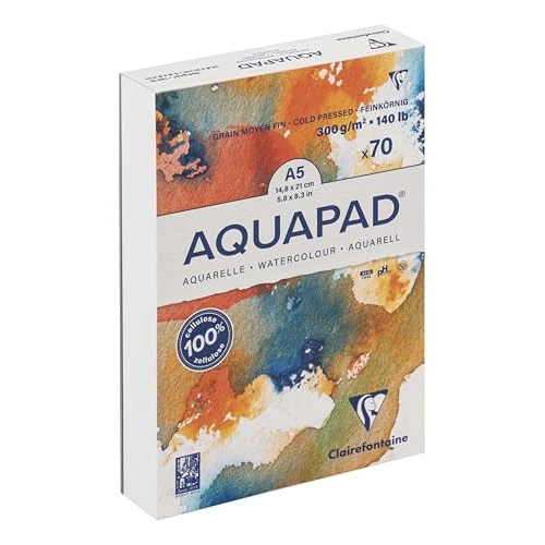 Clairefontaine 975720C Goldline Aquapad glued pad - 70 sheets of white watercolour paper, medium-fine grain, A5, 14.8x21 cm, 300g - Ideal for Watercolour