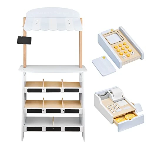Offerta a tempo: mamabrum Bancarella in Legno per Bambini con Registratore di Cassa, Terminale e Lavagna – Gioco Educativo con Accessori per Imitazione e Ruolo – Design Pastello - 0.00% da 69.41 € a 69.41 €
