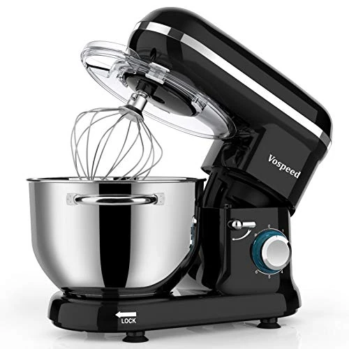 Stand Mixer, Vospeed Food Mixer Dough Blender, 6.2L Electric Cake Mixer with Bowl, Beater, Hook, Whisk, Egg Separator & Silicone Spatula, Dishwasher Safe (Black)