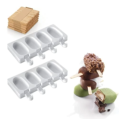 silikomart | GEL01M Set Stampo in Silicone per Gelati MINI CLASSIC, Antiaderente, 4 cavità, Confezione da 2 Stampi per Dolci + 50 Stecchi in Legno, Easy Ice Cream, 73 x 38 h 18 mm, Made in Italy