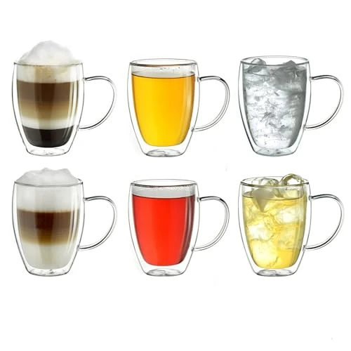 Limitiertes Angebot: Creano doppelwandiges Thermoglas mit Henkel 400ml, großes Doppelwandglas aus Borosilikatglas, Kaffeegläser, Teegläser, Latte Gläser 6er Set von 42.90 EUR auf 36.42 EUR (Spare 15%)