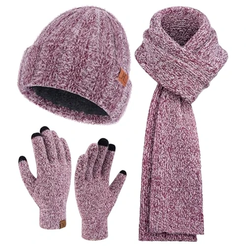 Damen Winter Warm Beanie Mütze Touchscreen Handschuhe und Lang Schal Set mit Fleece Gefütterte, Thermo Wintermütze Strickmütze Schals Winterhandschuhe Strickhandschuhe Frauen Geschenk, Weinrot