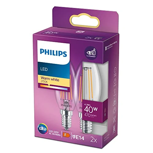 Philips ampoule LED Flamme E14 40W Blanc Chaud Claire, Verre, Lot de 2
