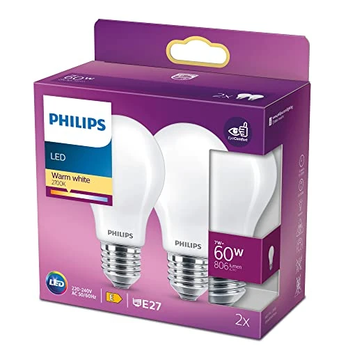 Oferta limitada: Philips - Bombilla LED Cristal, 60W,E27, Estándar, Mate, Luz Blanca Cálida, No Regulable, Pack de 2 Unidades de 7.19 EUR a 6.49 EUR (ahorro 10%)