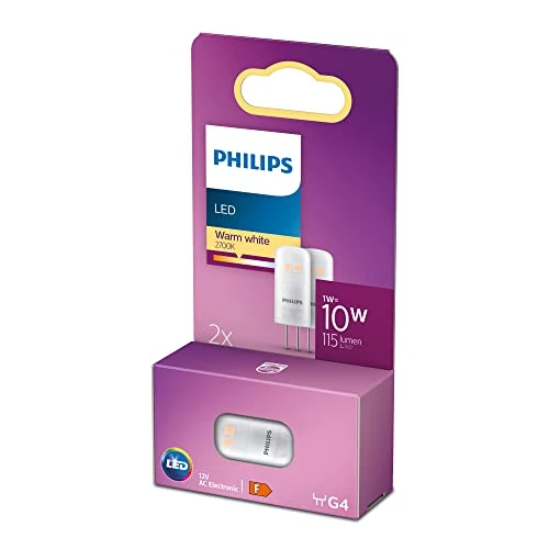 Philips LED ampoule standard, équivalent halogene 10W, culot G4, éclairage blanc chaud 2700K, 2 pack, ancienne génération