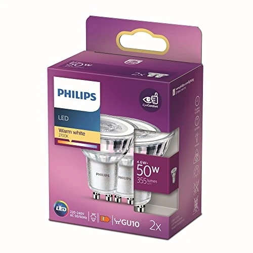 Limited-time offer: Philips LED Classic WarmGlow Lamp 2 Pack [GU10] 50W, Non Dimmable, Standard Warm White from 7.99 GBP to 7.19 GBP (save 10%)