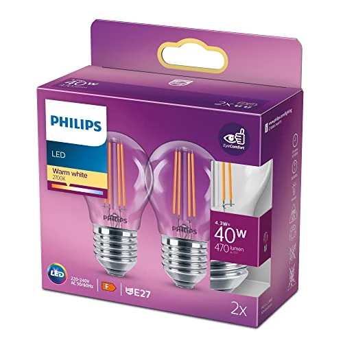 Limited-time offer: Philips LED Premium Lustre Light Bulb [E27 Edison Screw] 4.3W - 40W Equivalent, Warm White (2700K), 2 Count (Pack of 1) from 8.77 GBP to 6.16 GBP (save 30%)