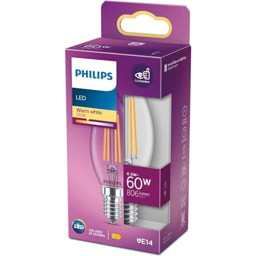 Begrenztes Angebot: PHILIPS LED Classic E14 Lampe, 60 W, Kerzenform, klar, warmweiß, Weiß von 6.52 EUR auf 3.00 EUR (Rabatt 54%)
