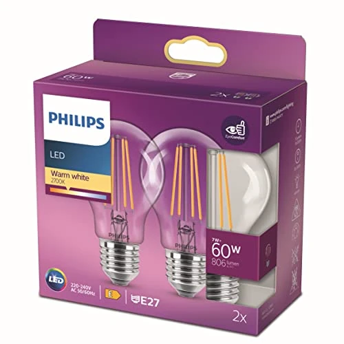 Offerta a tempo: PHILIPS LED Classic 60W Standard E27 Blanc Chaud Non Dimmable Lot de 2 - 50% da 22.66 € a 11.39 €