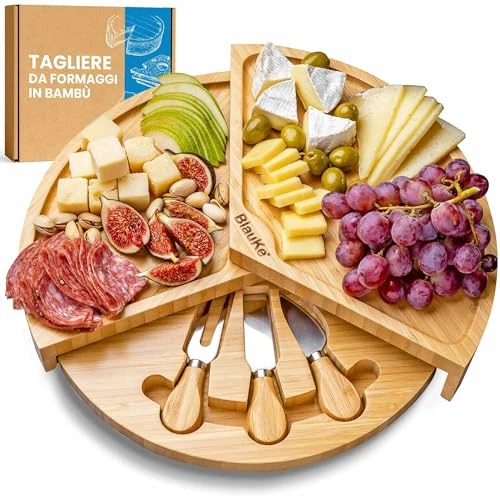 BlauKe® Bamboo Cheese Board and Knife Set – 37cm Round Charcuterie Board, Serving Platter, Slide-Out Drawer, Cheese Knives – Wooden Cheese Board Gift Set