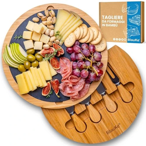 Offerta a tempo: BlauKe Tagliere per Formaggi con Set di Coltelli per Formaggio, e Piatto in Ardesia Rimovibile - Tagliere in Legno di Bamboo per Aperitivo o Salumi - Vassoio da Portata Girevole - Idee Regalo - 0.00% da 37.99 € a 37.99 €