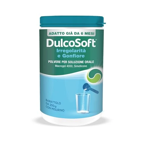 DulcoSoft Irregolarità e Gonfiore, Lassativo Delicato con Macrogol e Simeticone, Senza Glutine Senza Zucchero Senza Lattosio - Rimedi Stitichezza Adulti e Bambini, per Stipsi e Pancia Gonfia (200g)