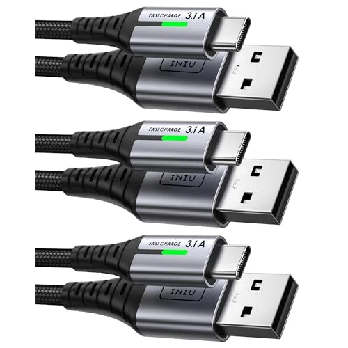 INIU Cable USB C, [3 Pack 3.1A] Cable Trenzado Nilón de Carga Rápida QC3.0 Cable USB Tipo C, (2m+2m+0,5m) Cable Sincronización de Datos para iPhone 16 15 Samsung S20 Plus Note 10 Huawei P30 etc.