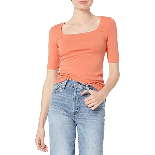 Amazon Essentials T-Shirt Aderente con Scollo Quadrato e Mezze Maniche Donna, Arancio Ruggine, XS