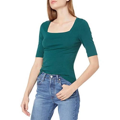Oferta limitada: Amazon Essentials Camiseta Entallada con Media Manga y Cuello Cuadrado Mujer, Verde Oscuro, XXL de 19.00 EUR a 17.10 EUR (ahorro 10%)