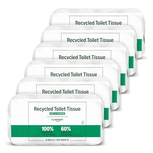 Offerta a tempo: by Amazon, Carta Igienica Riciclata, 100% Fibre Riciclate, 3 Veli, 200 Strappi, 48 Rotoli (6 Confezioni da 8), Certificata FSC - 15% da 29.85 € a 25.37 €