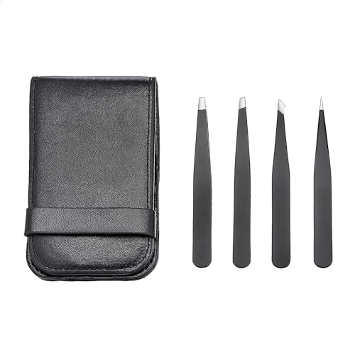 Oferta limitada: Amazon Basics Juego de 4 pinzas, profesionales, de acero inoxidable, para pelos faciales, pestañas, cejas o pelos encarnados, con funda de viaje, negro de 5.24 EUR a 4.45 EUR (ahorro 15%)