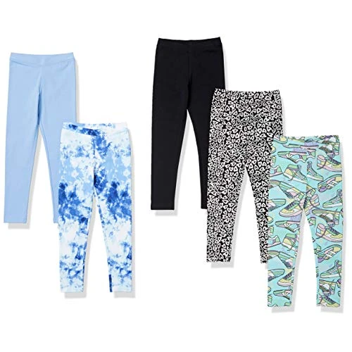 Amazon Essentials Leggings voor peuters, meisjes, set van 5, aquablauw, zwart/blauw/harten/tie-dye, 2T