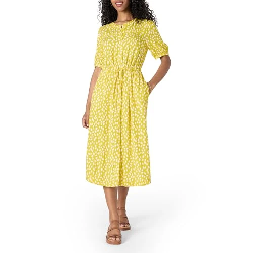 Offerta a tempo: Amazon Essentials Abito Midi a Trapezio con Mezze Maniche Traspirante, con Bottoni sul Davanti, Coulisse in Vita e Tasche, vestibilità Comoda Donna, Giallo Chiaro Rosa Petali, XL - 32% da 20.49 € a 13.95 €