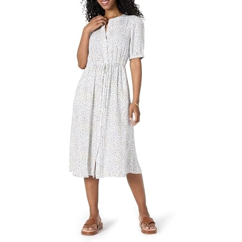 Offerta a tempo: Amazon Essentials Abito Midi a Trapezio a Mezze Maniche Aderente e Svasato con Tasche Donna, Bianco Sporco Stampa Coriandoli, XL - 0.00% da 26.19 € a 26.19 €