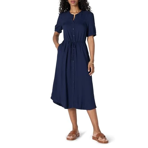 Offerta a tempo: Amazon Essentials Abito Midi a Trapezio con Mezze Maniche Traspirante, con Bottoni sul Davanti, Coulisse in Vita e Tasche, vestibilità Comoda Donna, Blu Marino, L - 0.00% da 29.80 € a 29.80 €