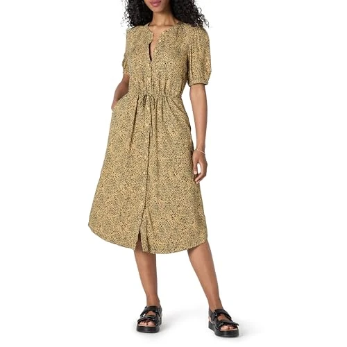 Offerta a tempo: Amazon Essentials Abito Midi a Trapezio con Mezze Maniche Traspirante, con Bottoni sul Davanti, Coulisse in Vita e Tasche, vestibilità Comoda Donna, Nero Cammello Stampa Animalier, XS - 0.00% da 16.55 € a 16.55 €